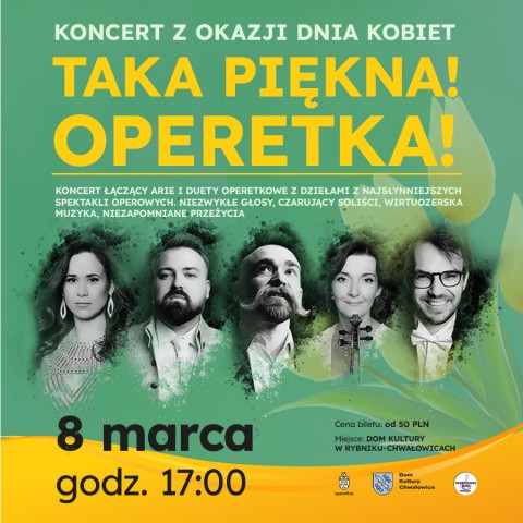 Koncert z okazji dnia kobiet, taka piękna operetka, fragmenty zdjęć 5 osób 2 kobiety, 3 mężczyzn