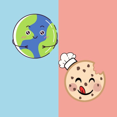grafika, po lewej uśmiechnięta ziemia, po prawej ciasteczko w czapce kucharskiej.
