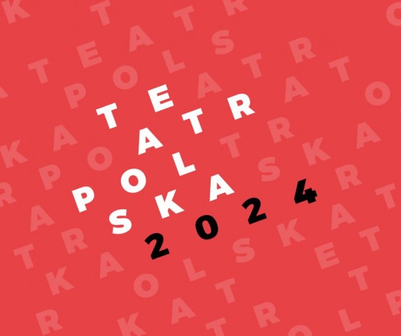 Logo Teatr Polska 2024, białe i szare litery oraz czarne liczby na czerwonym tle