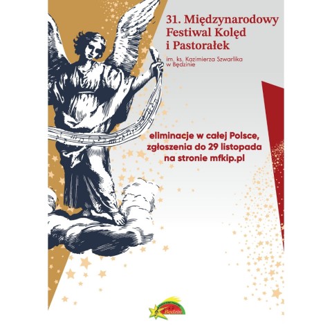 anioł na chmurce rozciąga nuty, 31. Międzynarodowy Festiwal Kolęd i Pastorałek im. ks. Kazimierza Szwarlika w Będzinie.