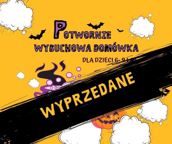 potwornie wybuchowa domówka na żółtym tle kocioł i dynia w fioletowej czapce, nietoperze i wybuchowe chmurki