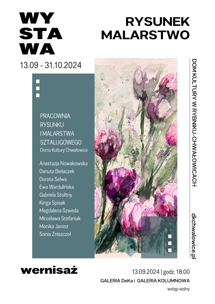 plakat wystawy: rysunek malarstwo. Wernisaż 13.09.24 o 18:00, akwarela z fioletowymi tulipanami.